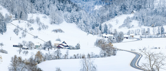 Snow covered valley in Stallikon, Switzerland after a fresh snowfall near Zurich