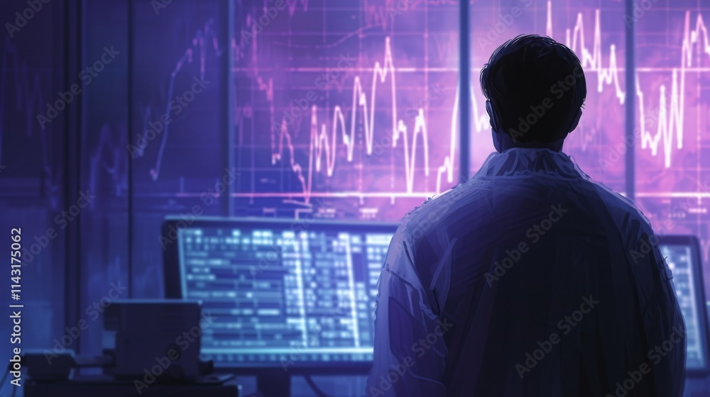 Poster A backlit scene of a trader standing before glowing monitors displaying financial charts and stock data, reflecting a tech-driven workspace. AI generated.