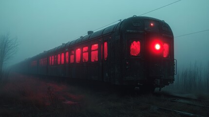 Fototapeta premium Red train traveling through foggy landscape at night