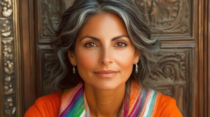 Fototapeta premium A woman with long, wavy hair and warm skin tone gazes confidently at the viewer. She wears a colorful scarf and stands against a detailed wooden wall, exuding grace and strength