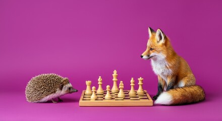 Hedgehog and fox playing chess against purple background