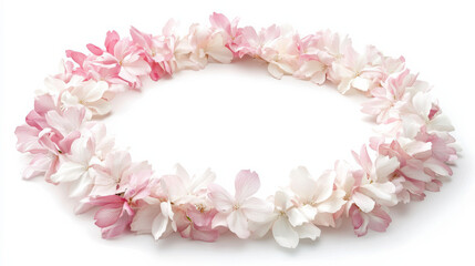 A ring of blooming cherry blossom petals, soft pink and white gradients, each petal gently floating outward, arranged in a perfect circle, subtle wind effects, sharp details, soft textures, clean whit