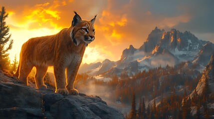 Majestic lynx standing on a rocky mountain peak at sunset, overlooking a misty valley and snow-capped mountains.