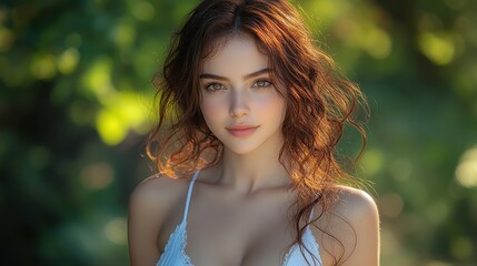 Fototapeta premium A young woman stands amidst lush greenery, her wavy hair illuminated by soft sunlight. She exudes tranquility, capturing the beauty of a perfect outdoor day