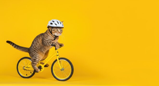 Tabby cat wearing helmet riding small yellow bicycle against background
