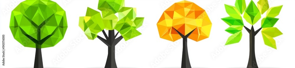 Poster set of abstract low poly tree icons in a geometric polygonal style. 3d low poly design..abstract low