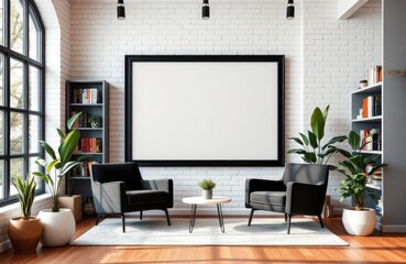 Fototapeta premium Empty black frame mockup in modern reading room. Stylish armchairs, bookshelves create cozy atmosphere. Interior design concept for living room apartment. Suitable for poster artwork. Modern design