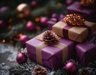 Merry Christmas, New Year, closeup craft violet gift box holiday background, copy space, banner