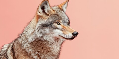 Fototapeta premium Side profile portrait of a majestic coyote against a soft pink backdrop capturing intricate fur details and expression, highlighting the wild beauty and grace of this iconic North American predator.