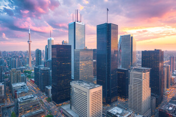 Fototapeta premium Toronto cityscape at sunset with skyscrapers and cn tower under dramatic sky