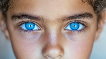 Fototapeta premium A close-up view of a child's face highlights striking blue eyes filled with wonder and innocence. The soft skin and playful expression enhance the captivating gaze