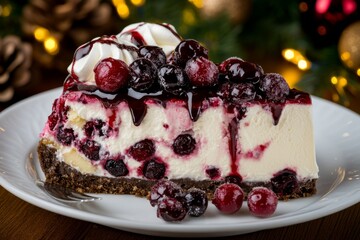 A festive vanilla cake adorned with berries and cream against a decorative setting.