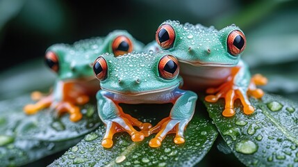 Fototapeta premium Three adorable red-eyed tree frogs on dewy leaves.