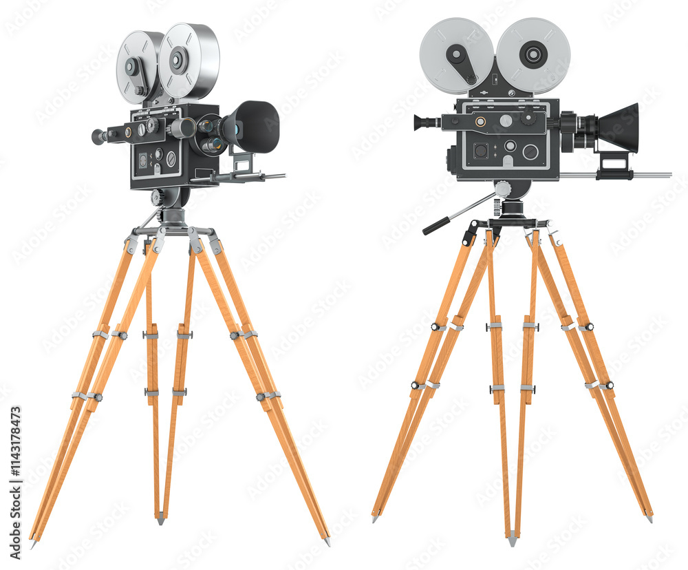 Fototapete retro movie camera, side and front views. 3d rendering isolated on transparent background