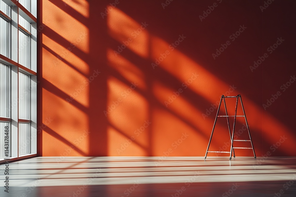 Poster sunlight streams through a large window onto an orange wall in an empty room with a stepladder.
