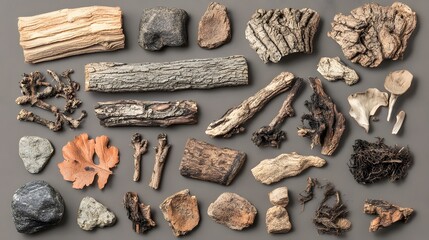 40 Wood bark and dust fragments, top view with organic texture