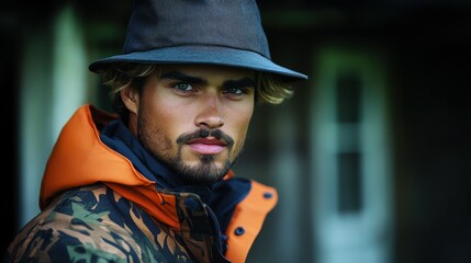 A man stands confidently in a rustic environment, wearing a camouflage jacket and a stylish hat. His piercing blue eyes and facial hair enhance his rugged appearance, evoking a sense of adventure