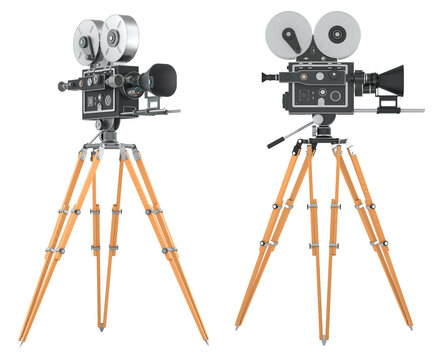 Retro movie camera, side and front views. 3D rendering isolated on transparent background
