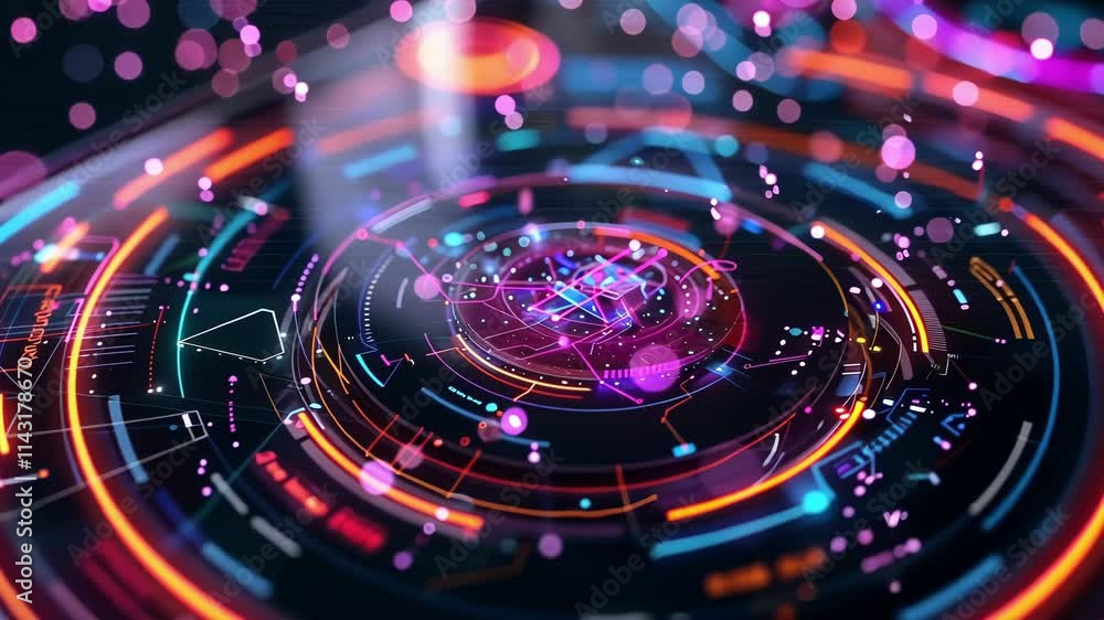 Poster futuristic hologram showing rotating circular interface with glowing lights and data processing, rep