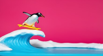 Toy penguin surfing on artificial wave with pink background