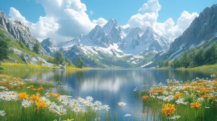 Serene mountain lake reflecting snow-capped peaks, surrounded by vibrant wildflowers under a bright, sunny sky.