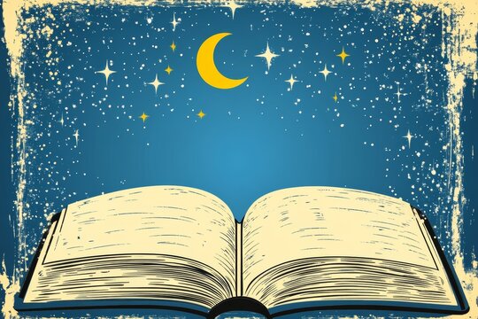 An enchanted castle emerging from an open book adorned with stars and clouds.A magical castle rising from an open book filled with stars and clouds.A castle of enchantment materializing from an open