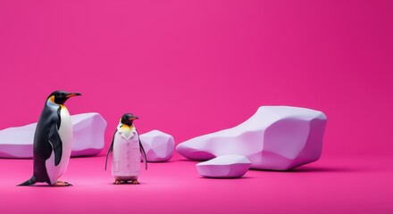 Obraz premium Penguins on pink background with white rocks, one in lab coat