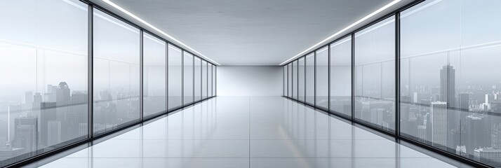 Obraz premium Stunning panoramic view from a modern glass-walled skyscraper corridor with urban skyline backdrop reflecting contemporary urban architecture's beauty