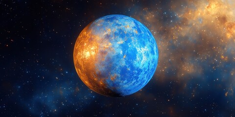 Stunning Cosmic Image Showing a Vibrant Blue and Orange Planet with Intricate Surface Patterns Against a Star-Filled Space Background
