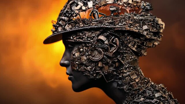 Metalmorphosis: A  thought-provoking portrait of a woman, her face and head transformed into a mesmerizing sculpture of gears, cogs, and metallic fragments, standing against a fiery.