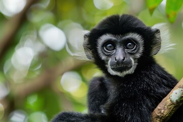 Obraz premium Young black monkey with white cheeks is sitting on a tree branch, surrounded by lush green foliage