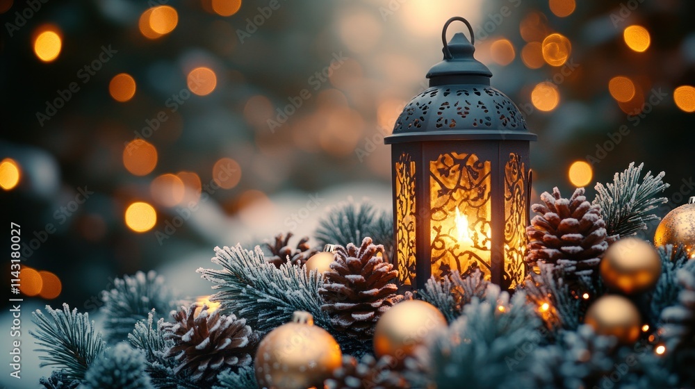 Aufkleber glowing lantern nestled in snowy pine branches with ornaments and pinecones, bokeh lights in backgro