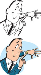 A vintage retro cartoon of a businessman pointing at his watch. 
