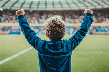 Young caucasian child celebrating victory in stadium