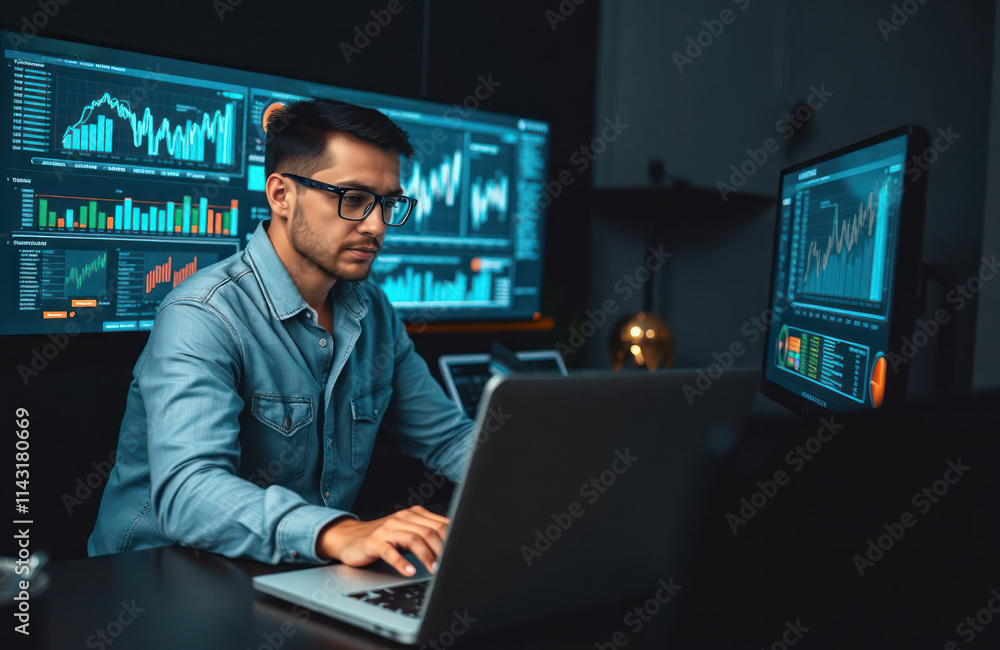 Poster man works on laptop in dark office. multiple screens display financial data. focused on digital data