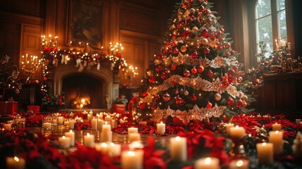 Luxurious Christmas interior with decorated tree, fireplace, candles, and poinsettias.