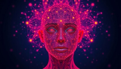A mesmerizing portrait of a human face rendered in a digital style with glowing lines and connections, representing artificial intelligence or the digital age.