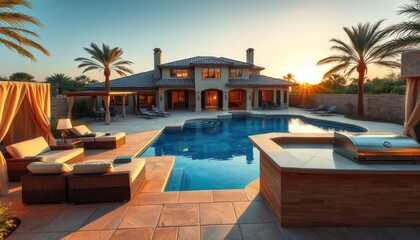Obraz premium Luxury resort poolside area at sunset. Travertine pavers surround sparkling pool. Plush cabanas with comfy seating offer relaxation. Modern outdoor kitchen with stone grill provides convenience.