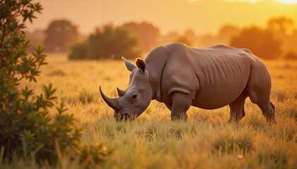 Obraz premium Rhinoceros grazing in golden savanna grasslands during sunset