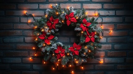 Festive Christmas wreath with poinsettias and lights on a brick wall.