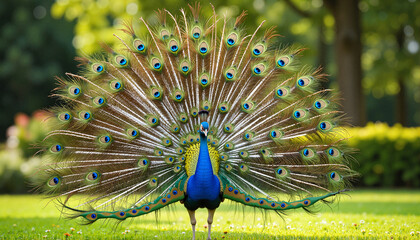 Obraz premium Peacock with vibrant tail feathers fully displayed in a lush garden