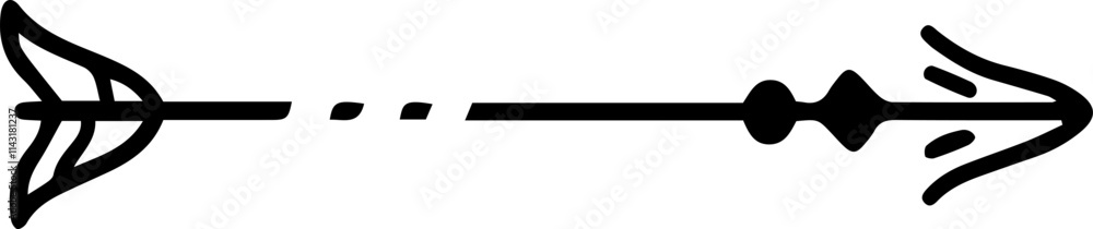 Poster simple black arrow pointing right with a dotted line representing its trajectory, isolated on white 
