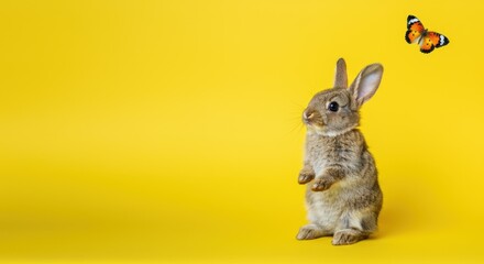Small rabbit with butterfly on yellow background, standing upright and alert
