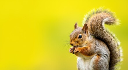 Fototapeta premium Squirrel standing upright, holding food against yellow background