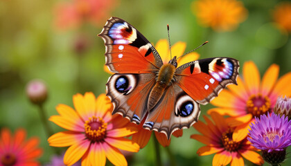Peacock butterfly resting on vibrant orange flowers in a garden