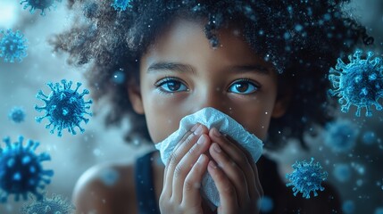 A small child sneezes or coughs into a paper napkin surrounded by virus particles.