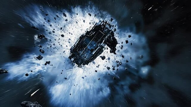 Spaceship Asteroid Field Collision: A dramatic depiction of a spaceship caught in a devastating asteroid field collision, engulfed in a chaotic maelstrom of debris and cosmic dust.