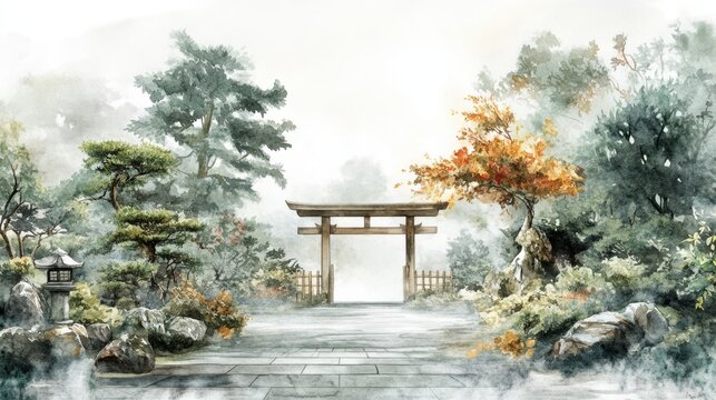 Watercolor of Japanese garden with subtle minimalism, featuring wooden gates, delicate bonsai trees, and natural elements, conveying a sense of calm and thoughtful design
