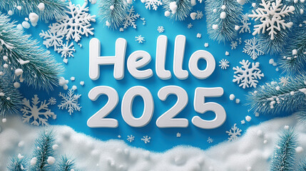 Poster 3d banner, text "hello 2025" snowy blue trees background. Greeting illustration visualization