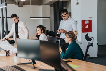 A diverse group of people working together in a contemporary office setting. The team consists of multicultural employees engaged in collaboration, multitasking, and creative business planning.